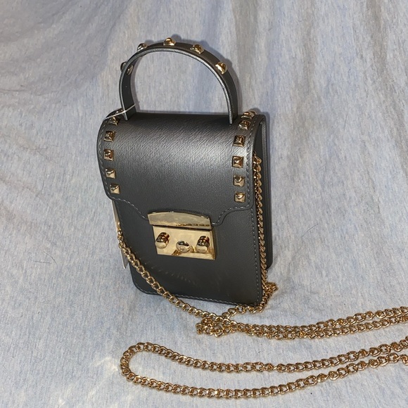 Elegant Gold RockStudded, Chain Strap, Crossbody Top Handle Bag Steel Gray NWT - Picture 2 of 14